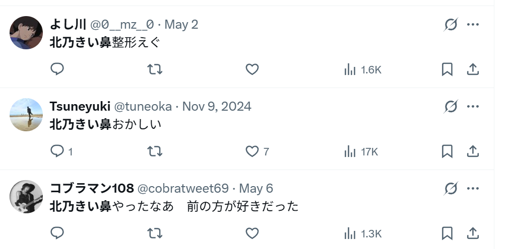 北乃きいの鼻に関するSNSの反応